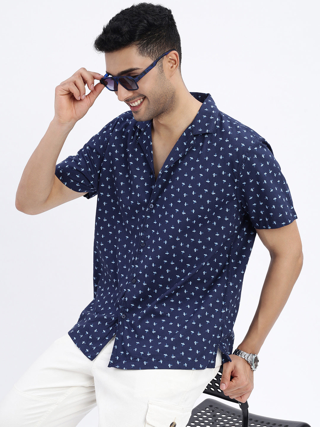 Men Navy Blue Micro Print Cuban Collar Shirt