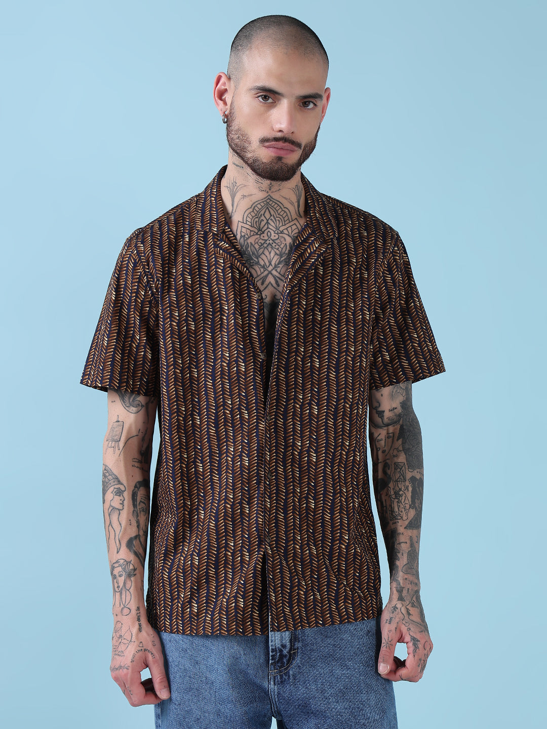 Men's Brown Abstract Cuban Collar Relaxed Fit Shirt