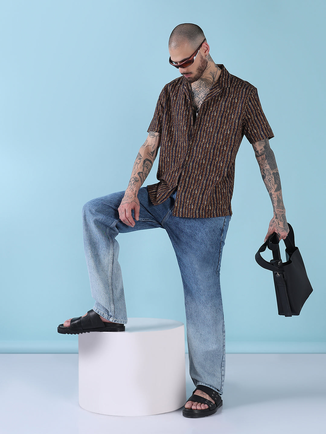 Men's Brown Abstract Cuban Collar Relaxed Fit Shirt