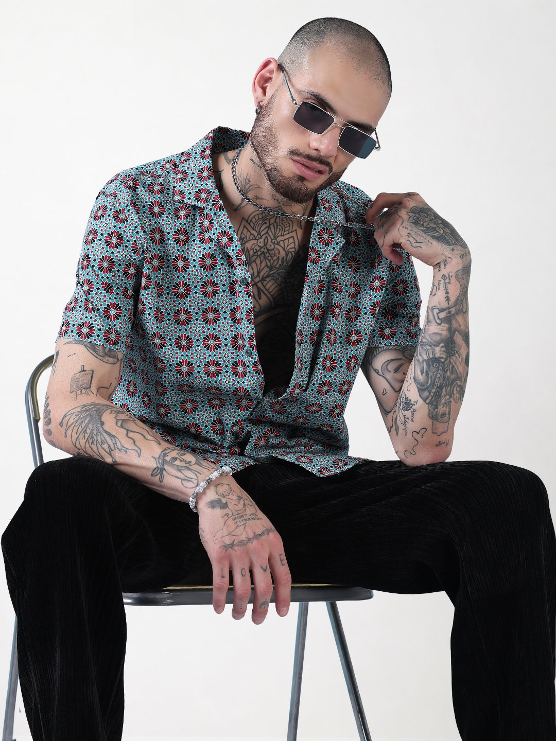 Men's Blue Floral Cuban Collar Relaxed Fit Shirt