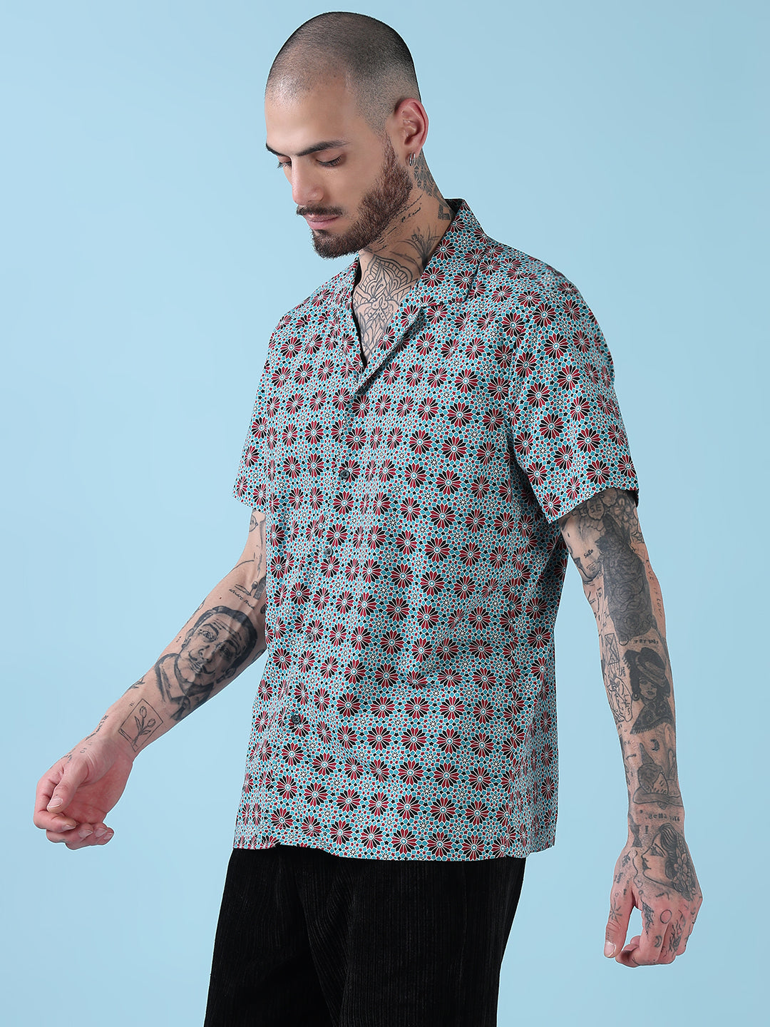 Men's Blue Floral Cuban Collar Relaxed Fit Shirt