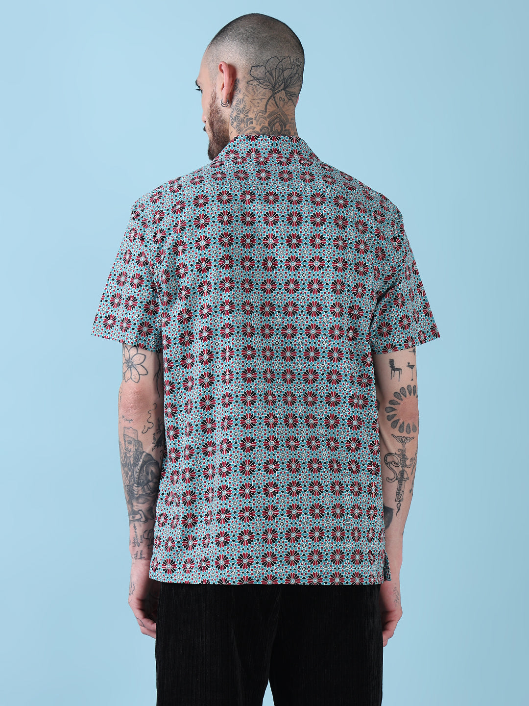 Men's Blue Floral Cuban Collar Relaxed Fit Shirt