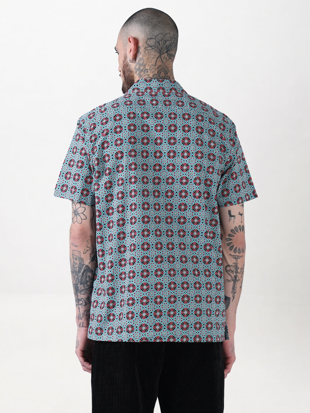 Men's Blue Floral Cuban Collar Relaxed Fit Shirt