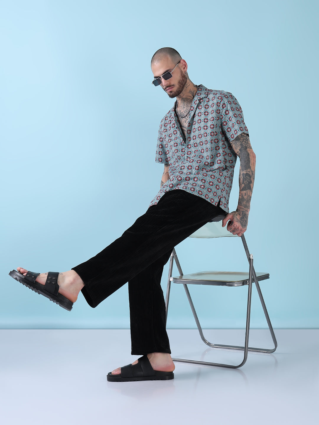 Men's Blue Floral Cuban Collar Relaxed Fit Shirt