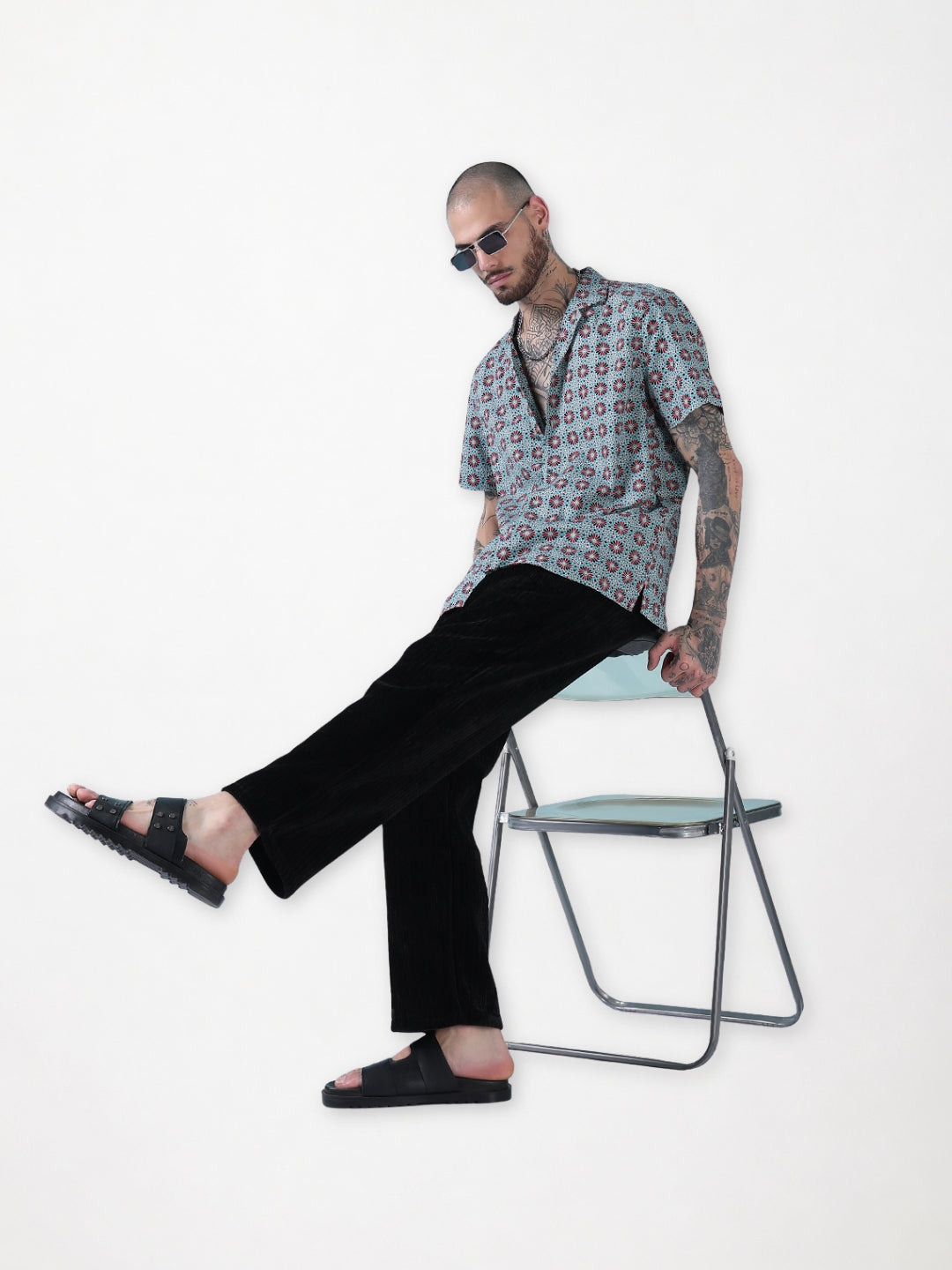 Men's Blue Floral Cuban Collar Relaxed Fit Shirt