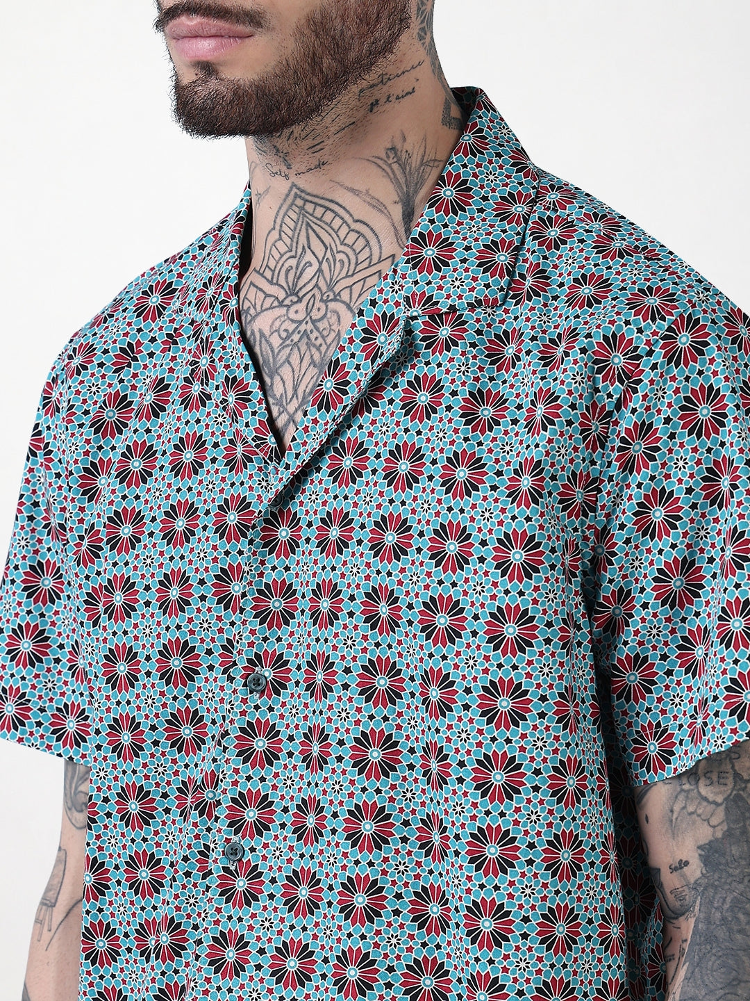 Men's Blue Floral Cuban Collar Relaxed Fit Shirt