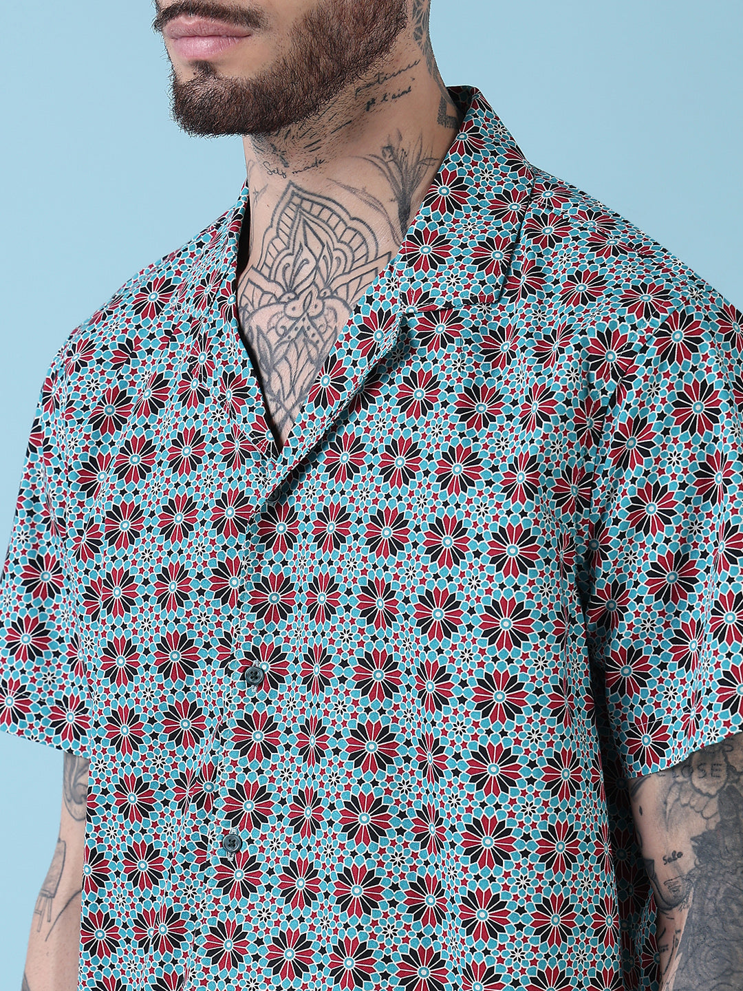 Men's Blue Floral Cuban Collar Relaxed Fit Shirt