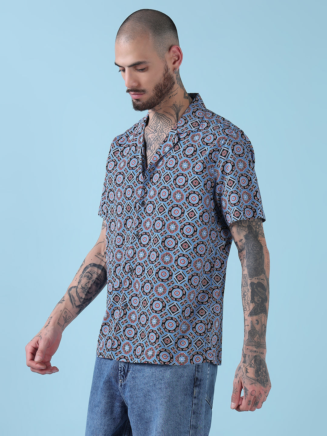 Men's Blue Geometric Cuban Collar Relaxed Fit Shirt