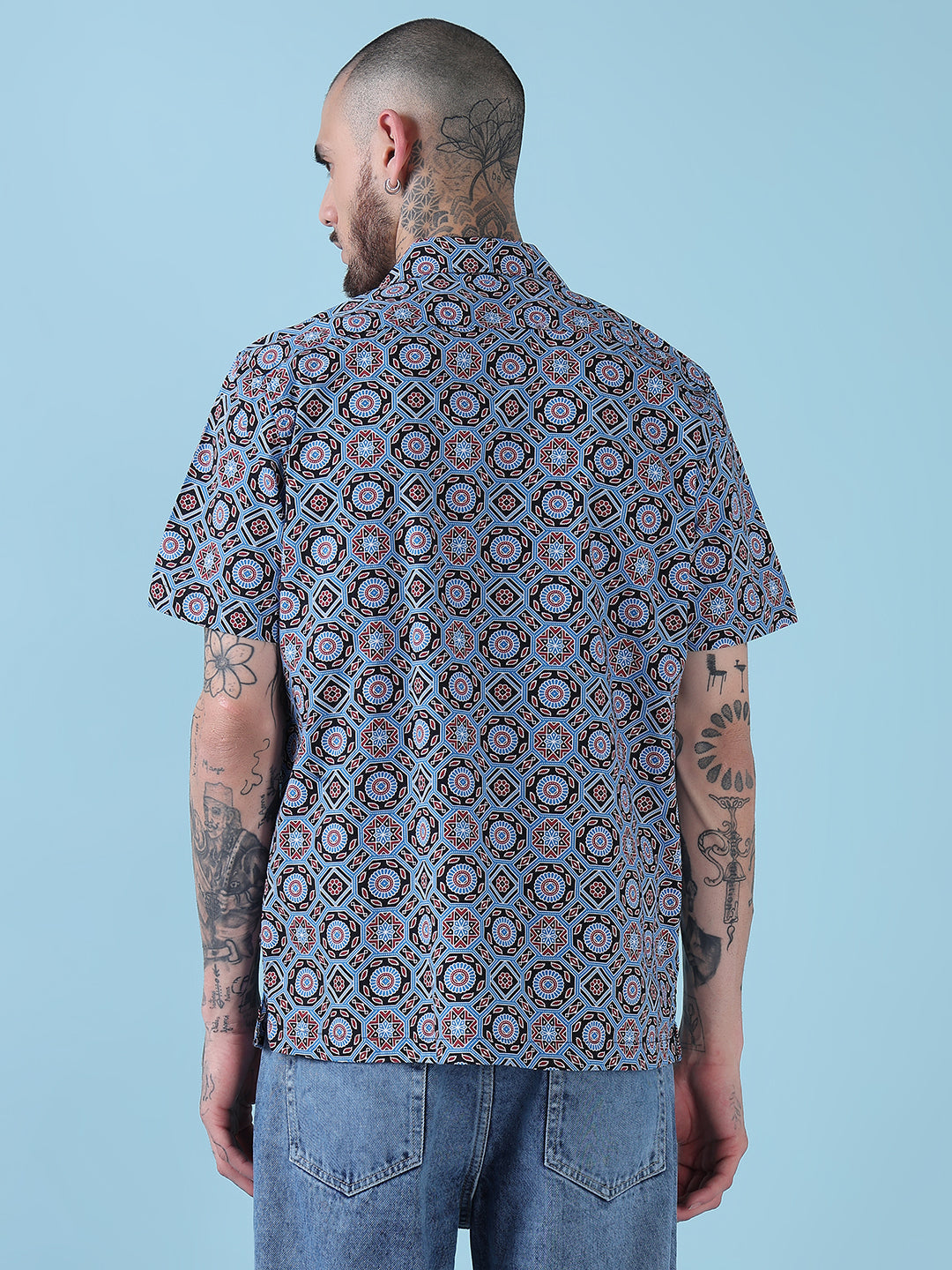 Men's Blue Geometric Cuban Collar Relaxed Fit Shirt