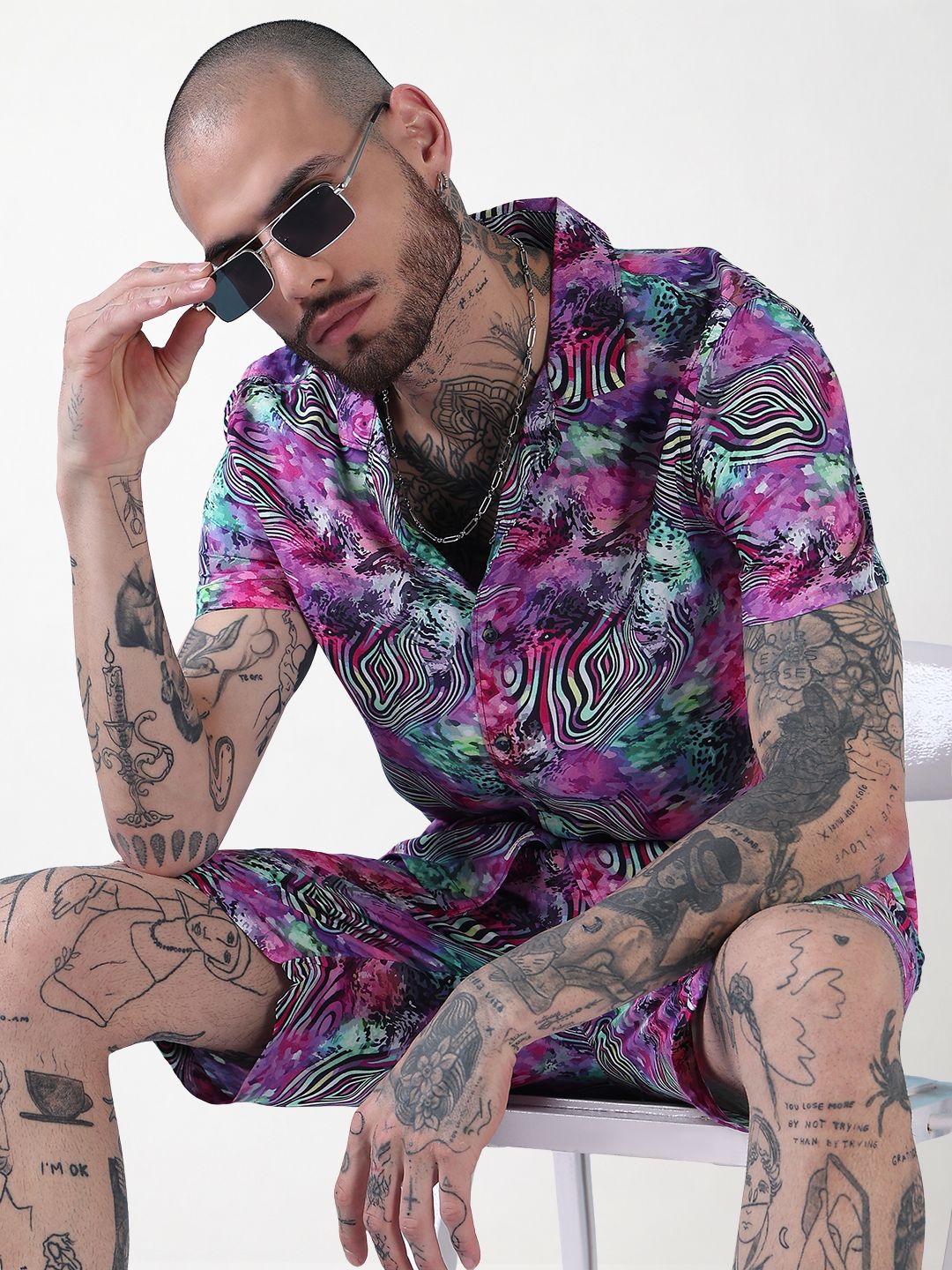 Men's Multi Printed Cuban Collar Relaxed Fit Co-Ords Set