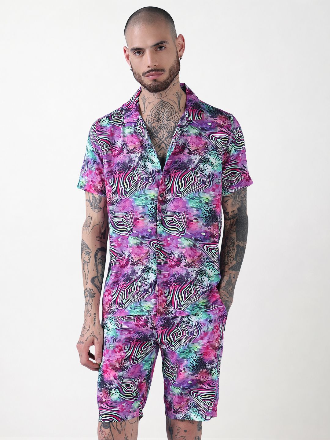 Men's Multi Printed Cuban Collar Relaxed Fit Co-Ords Set