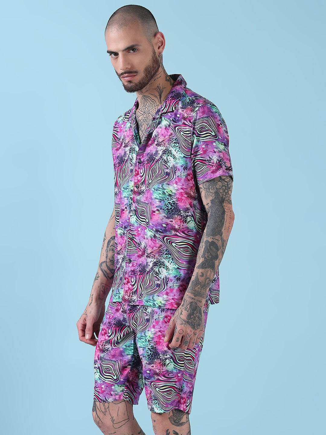 Men's Multi Printed Cuban Collar Relaxed Fit Co-Ords Set