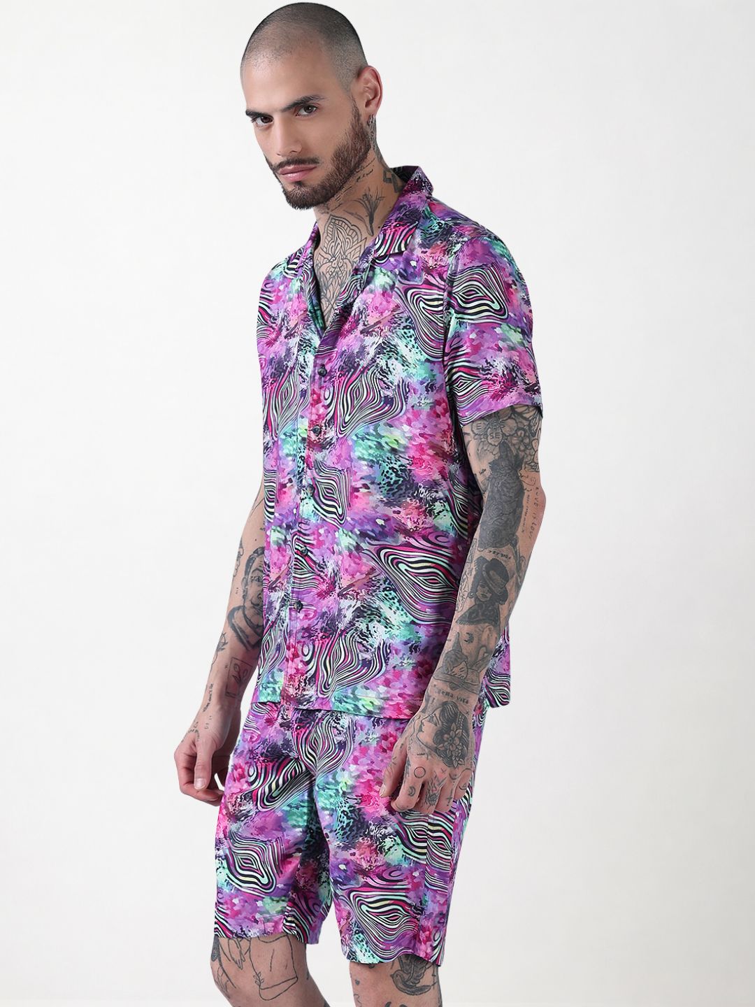 Men's Multi Printed Cuban Collar Relaxed Fit Co-Ords Set