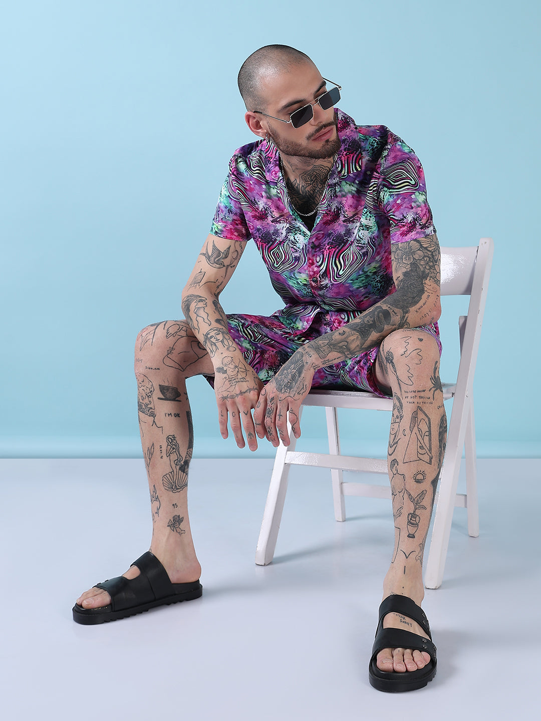 Men's Multi Printed Cuban Collar Relaxed Fit Co-Ords Set