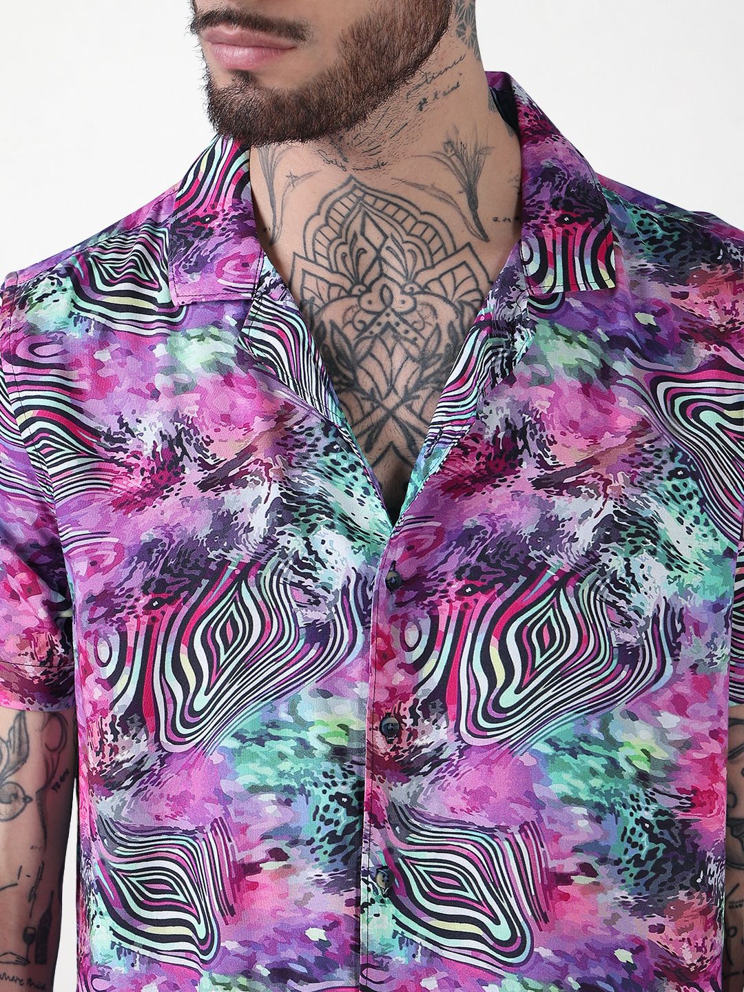 Men's Multi Printed Cuban Collar Relaxed Fit Co-Ords Set