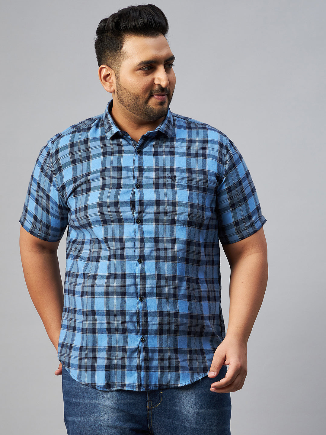 Men's Blue Checked Spread Collar Casual Shirt