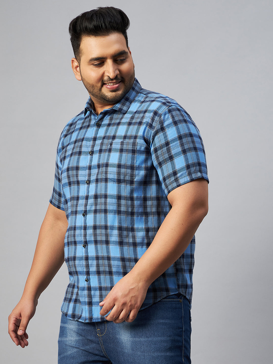 Men's Blue Checked Spread Collar Casual Shirt