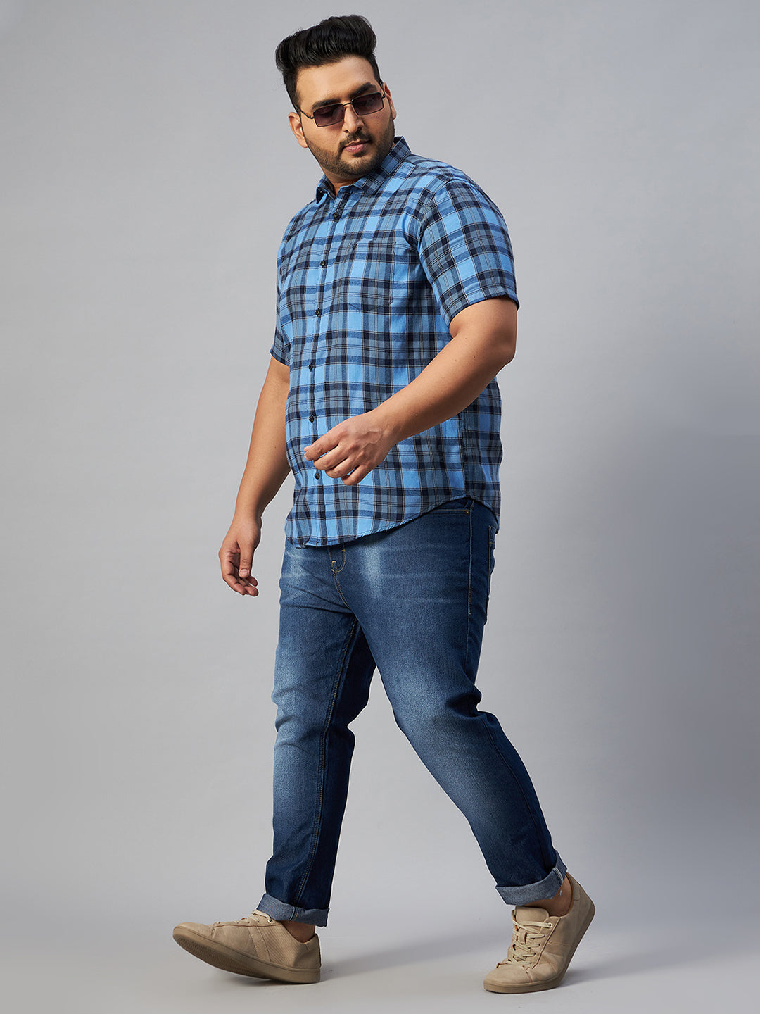 Men's Blue Checked Spread Collar Casual Shirt