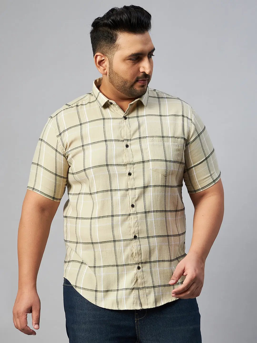 Men's Beige Checked Spread Collar Casual Shirt