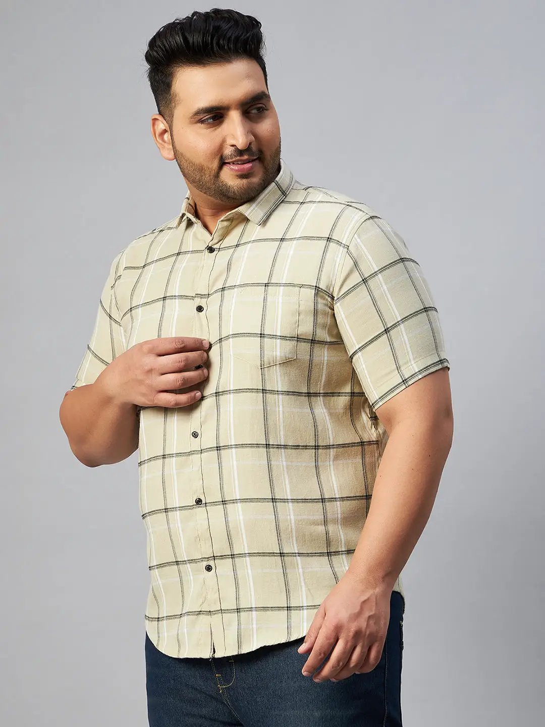Men's Beige Checked Spread Collar Casual Shirt
