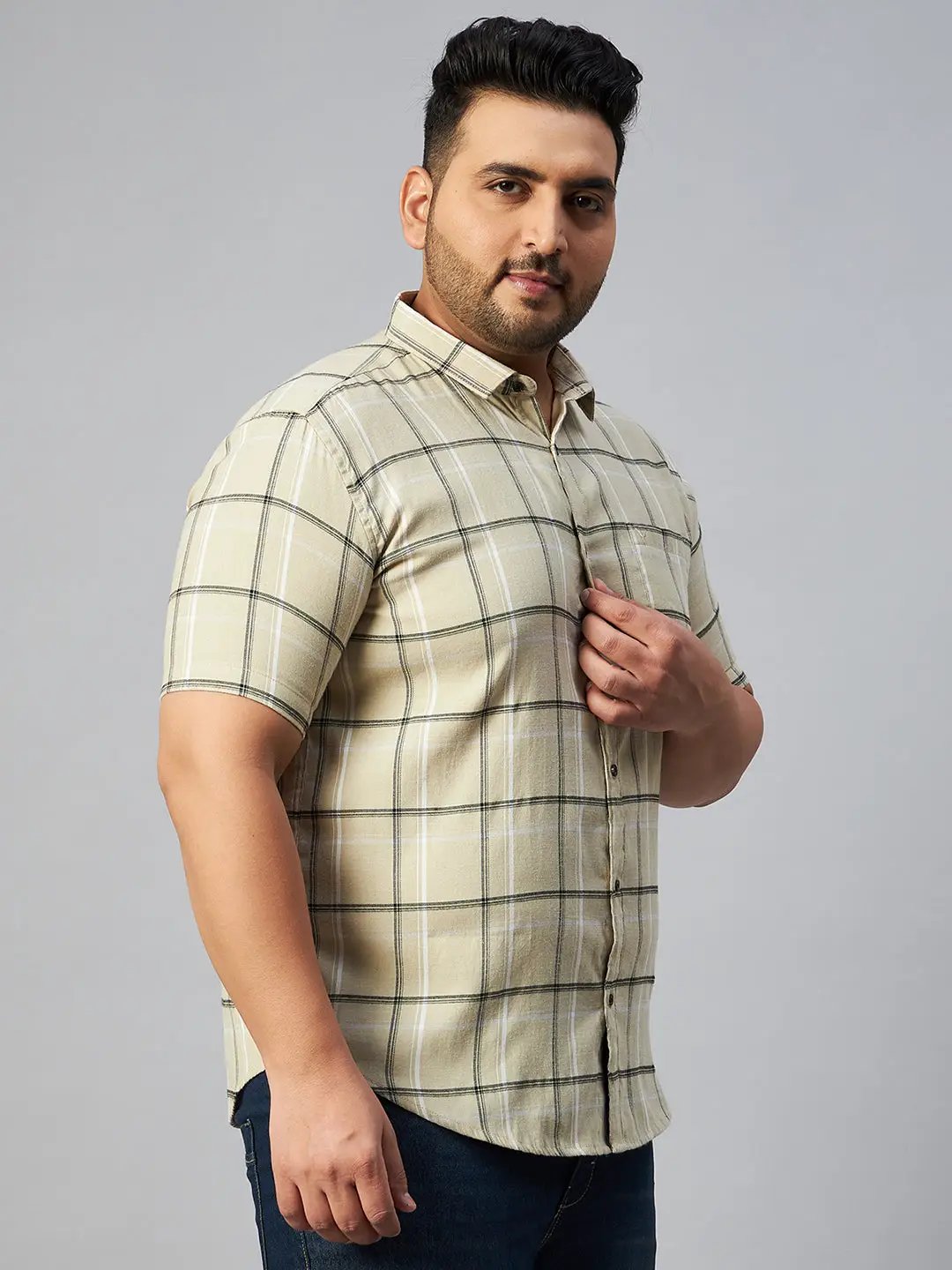 Men's Beige Checked Spread Collar Casual Shirt