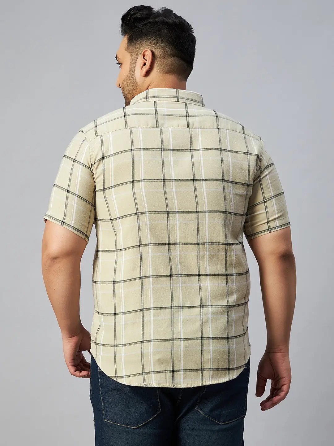 Men's Beige Checked Spread Collar Casual Shirt