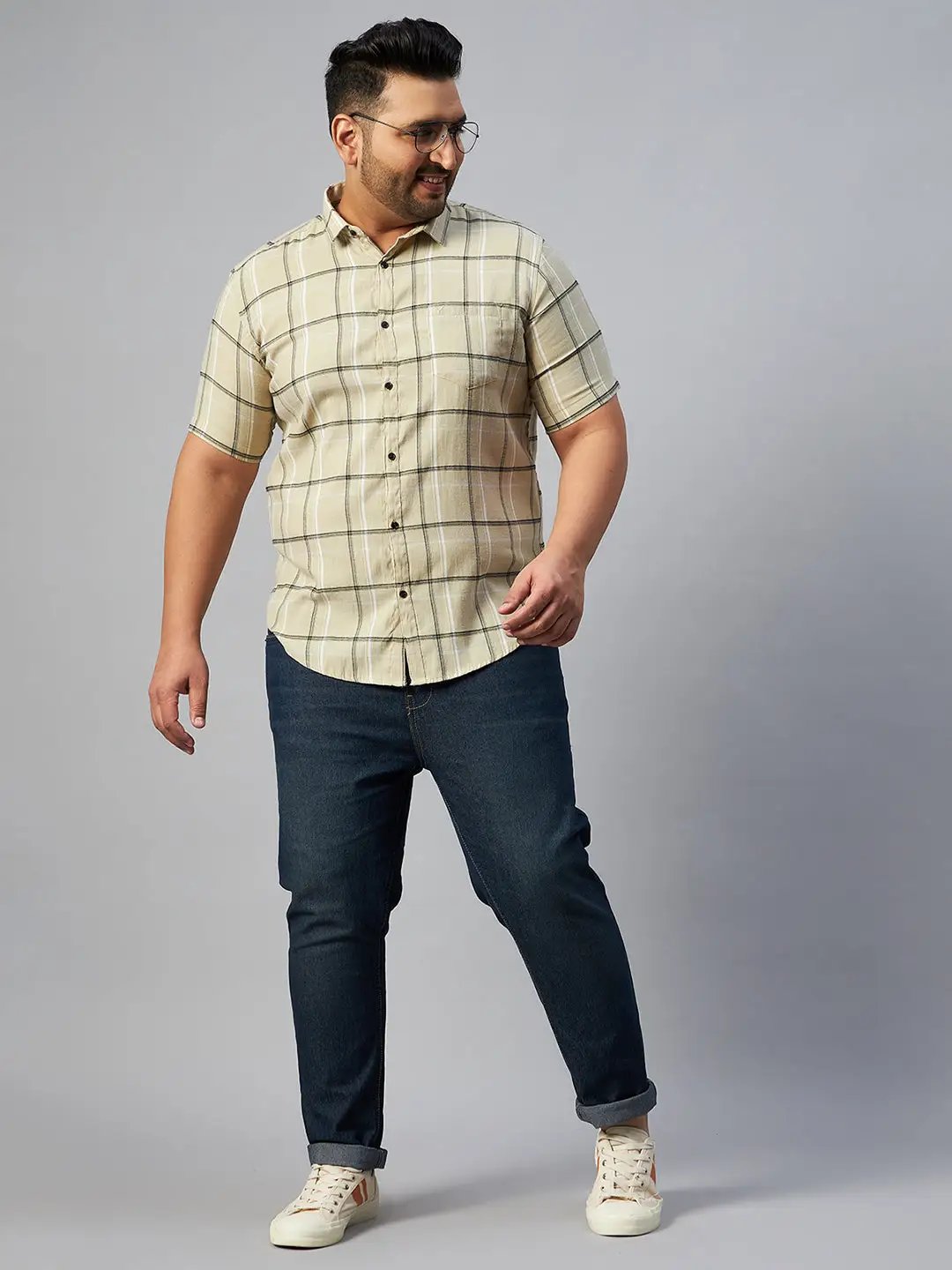 Men's Beige Checked Spread Collar Casual Shirt