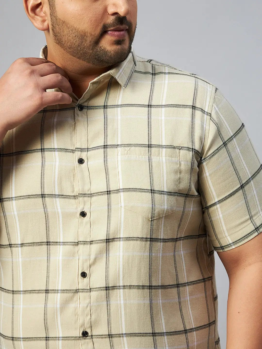 Men's Beige Checked Spread Collar Casual Shirt