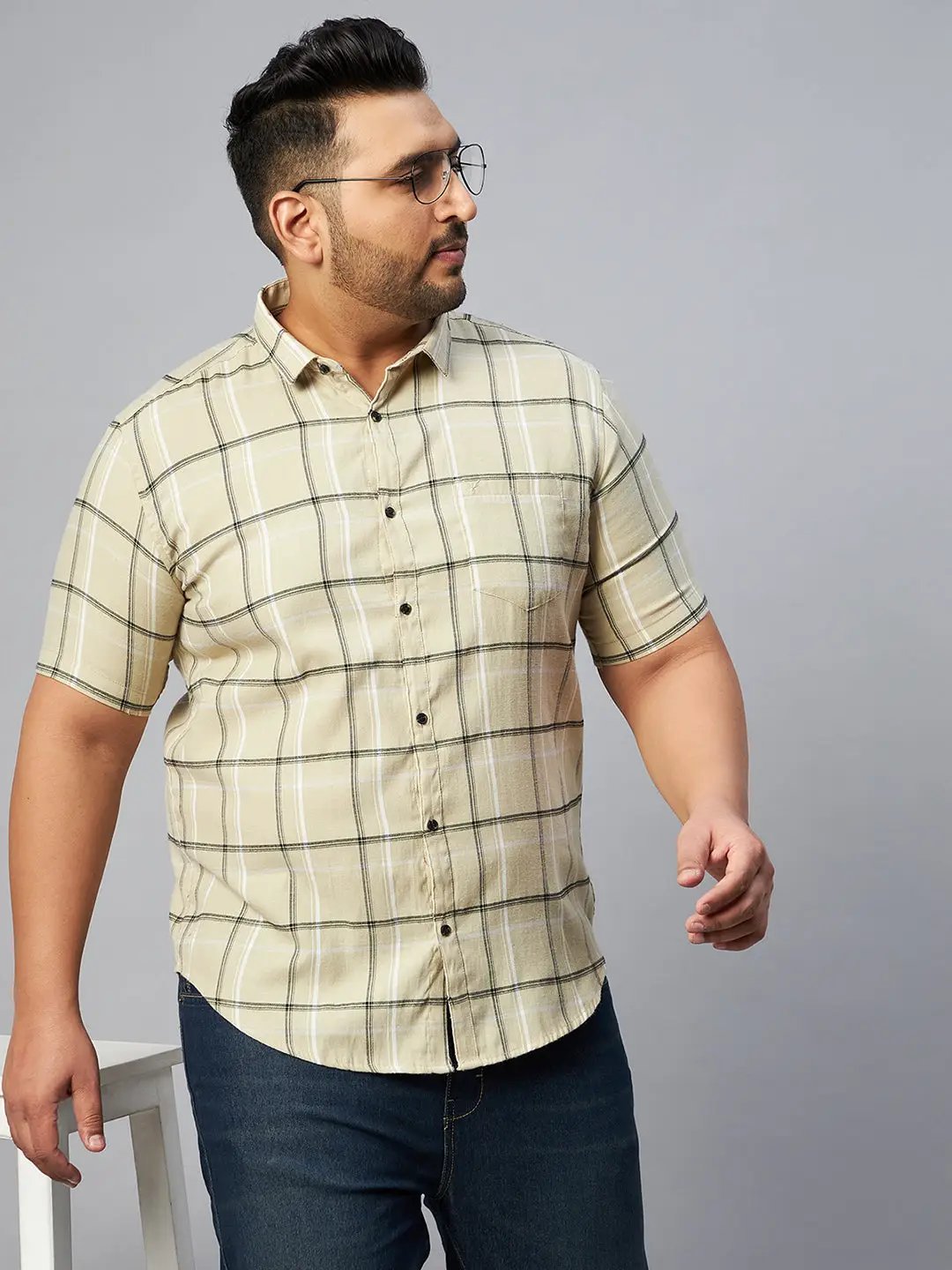Men's Beige Checked Spread Collar Casual Shirt