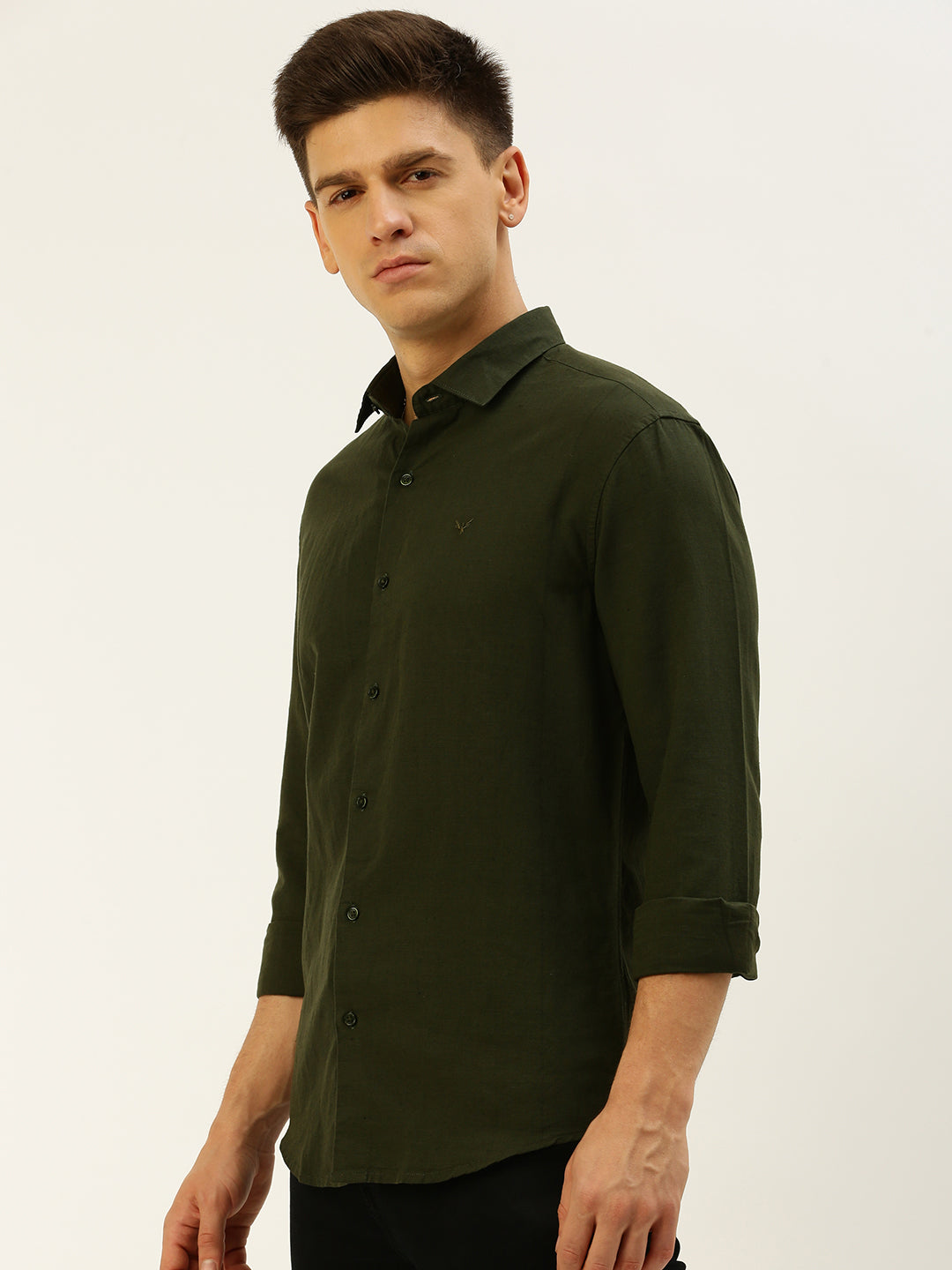 Men Spread Collar Solid Olive Shirt