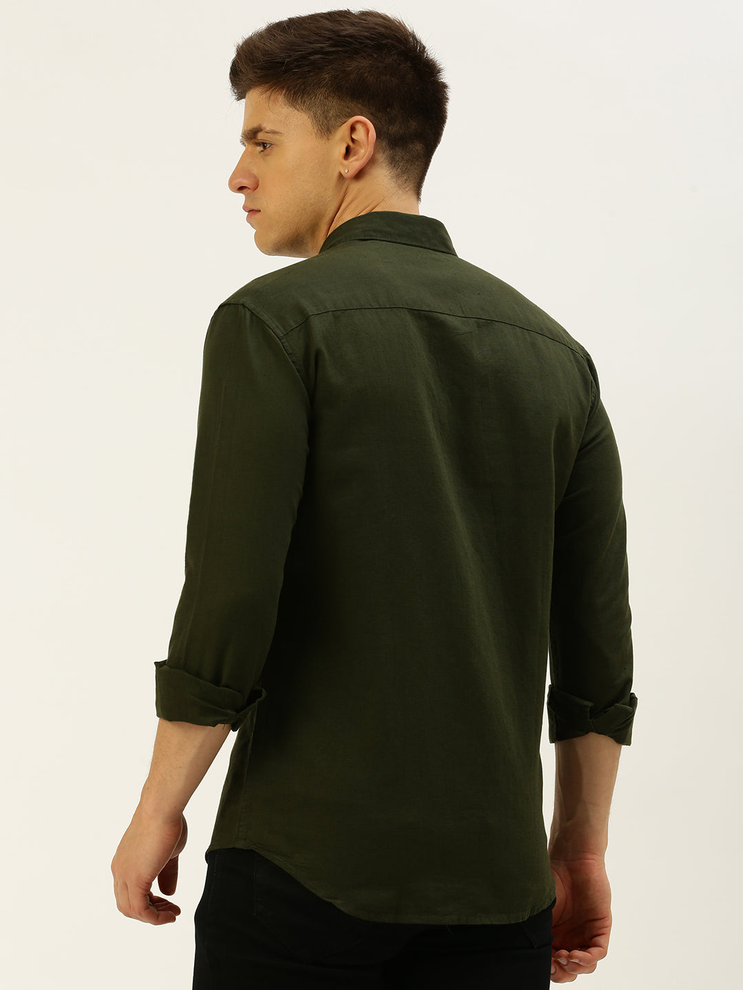 Men Spread Collar Solid Olive Shirt