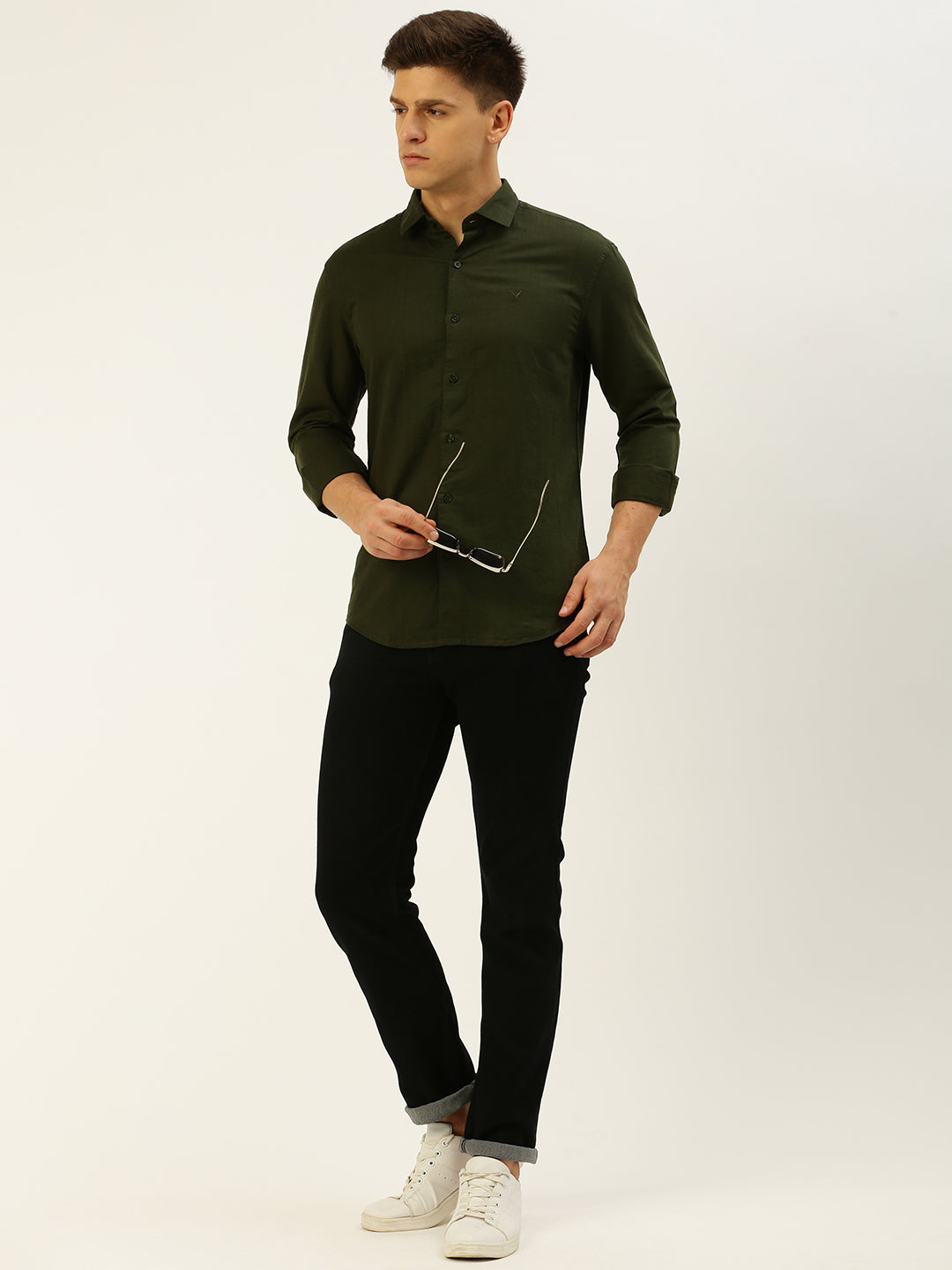 Men Spread Collar Solid Olive Shirt