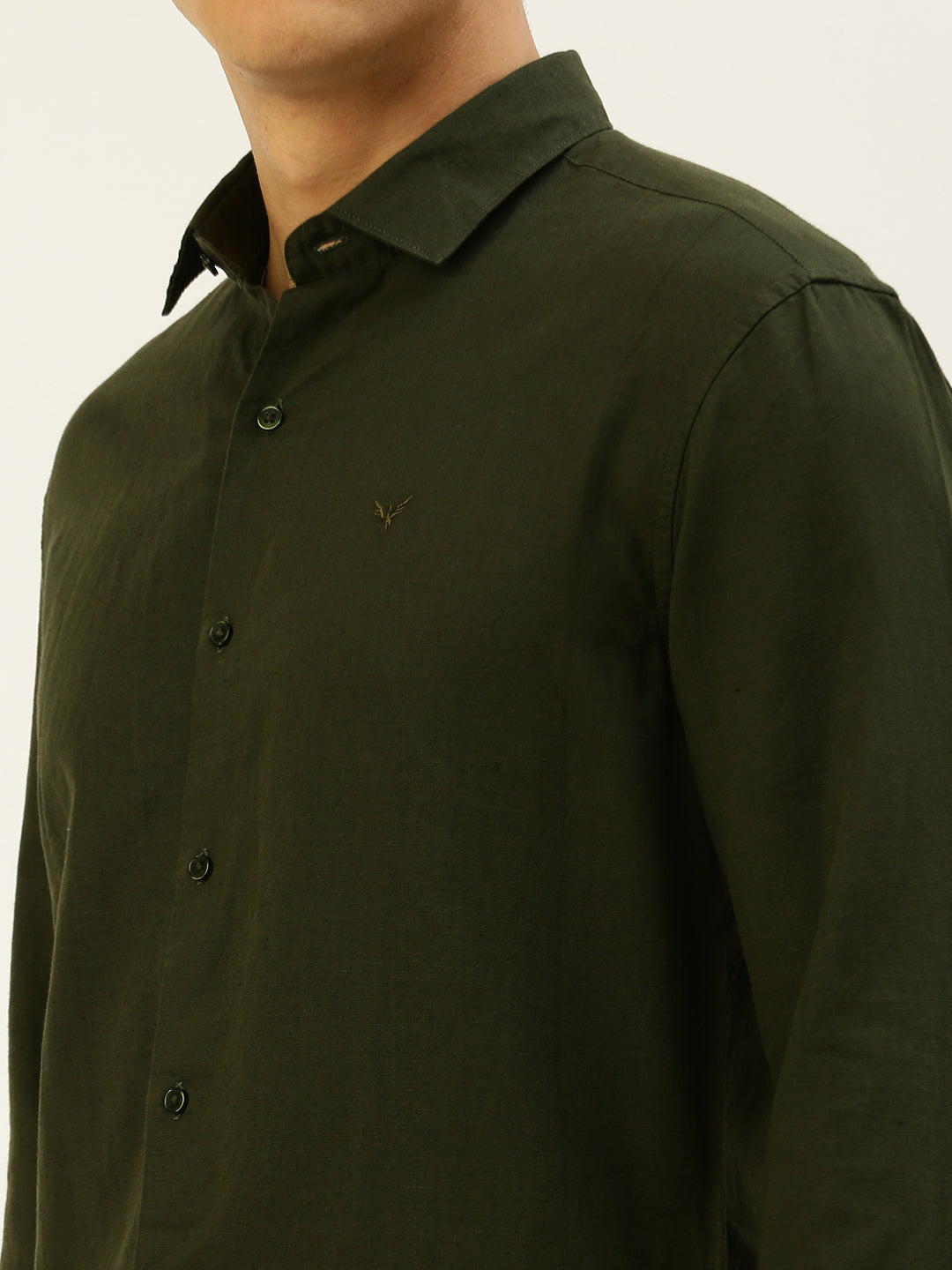 Men Spread Collar Solid Olive Shirt