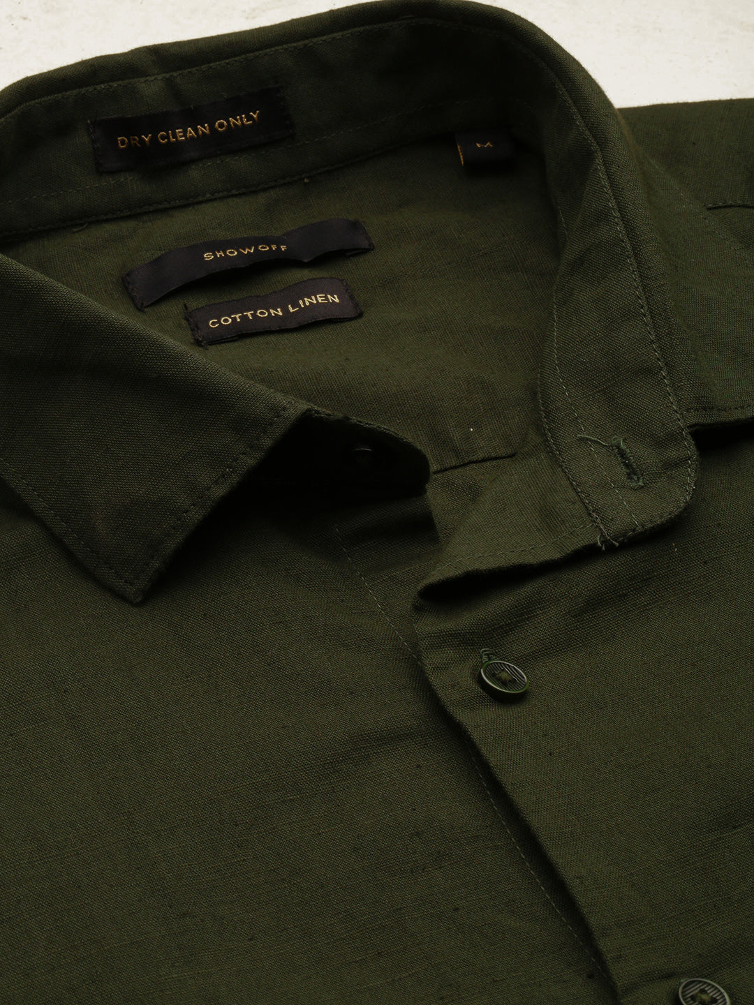 Men Spread Collar Solid Olive Shirt