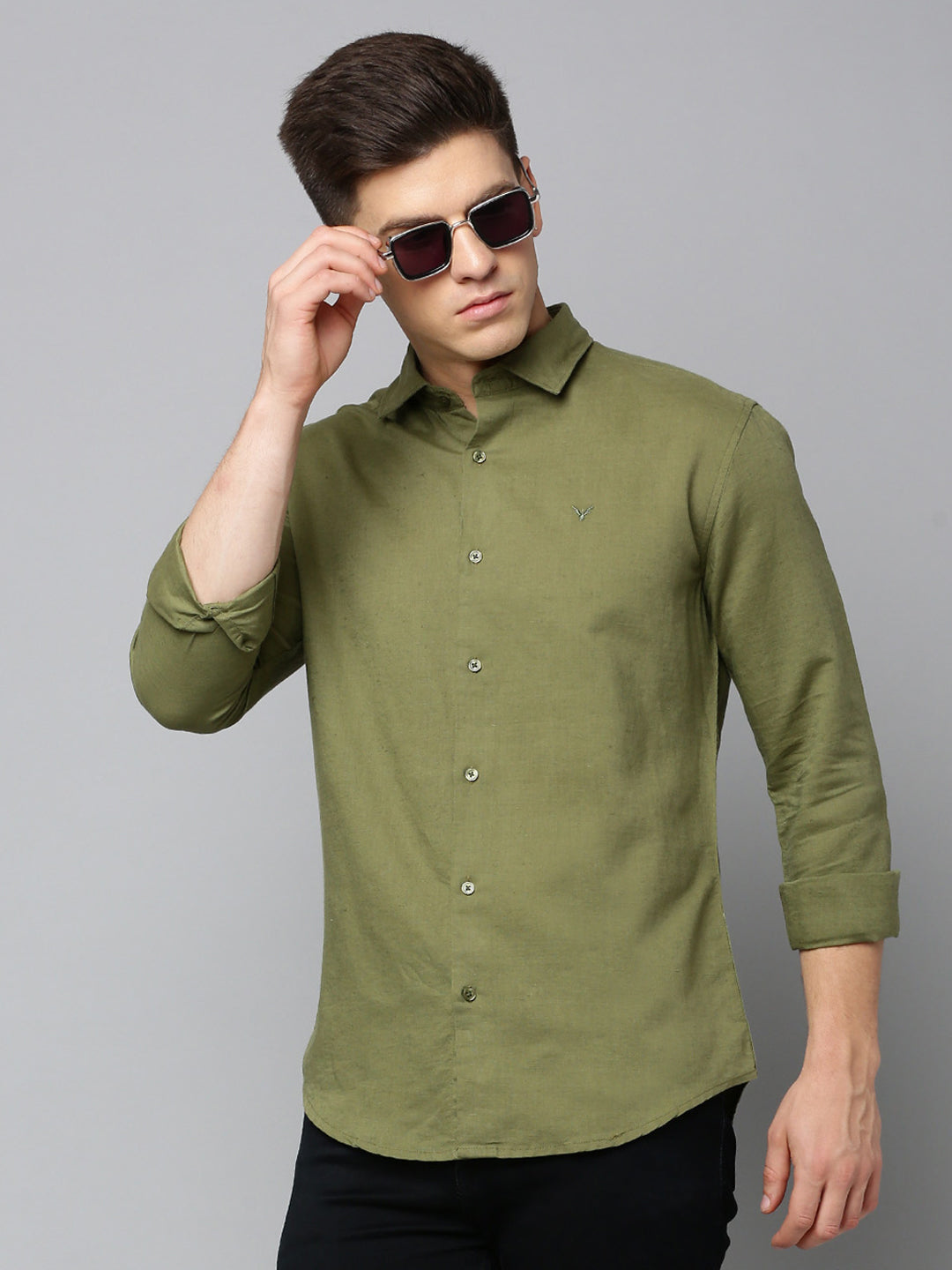 Men Spread Collar Solid Olive Shirt