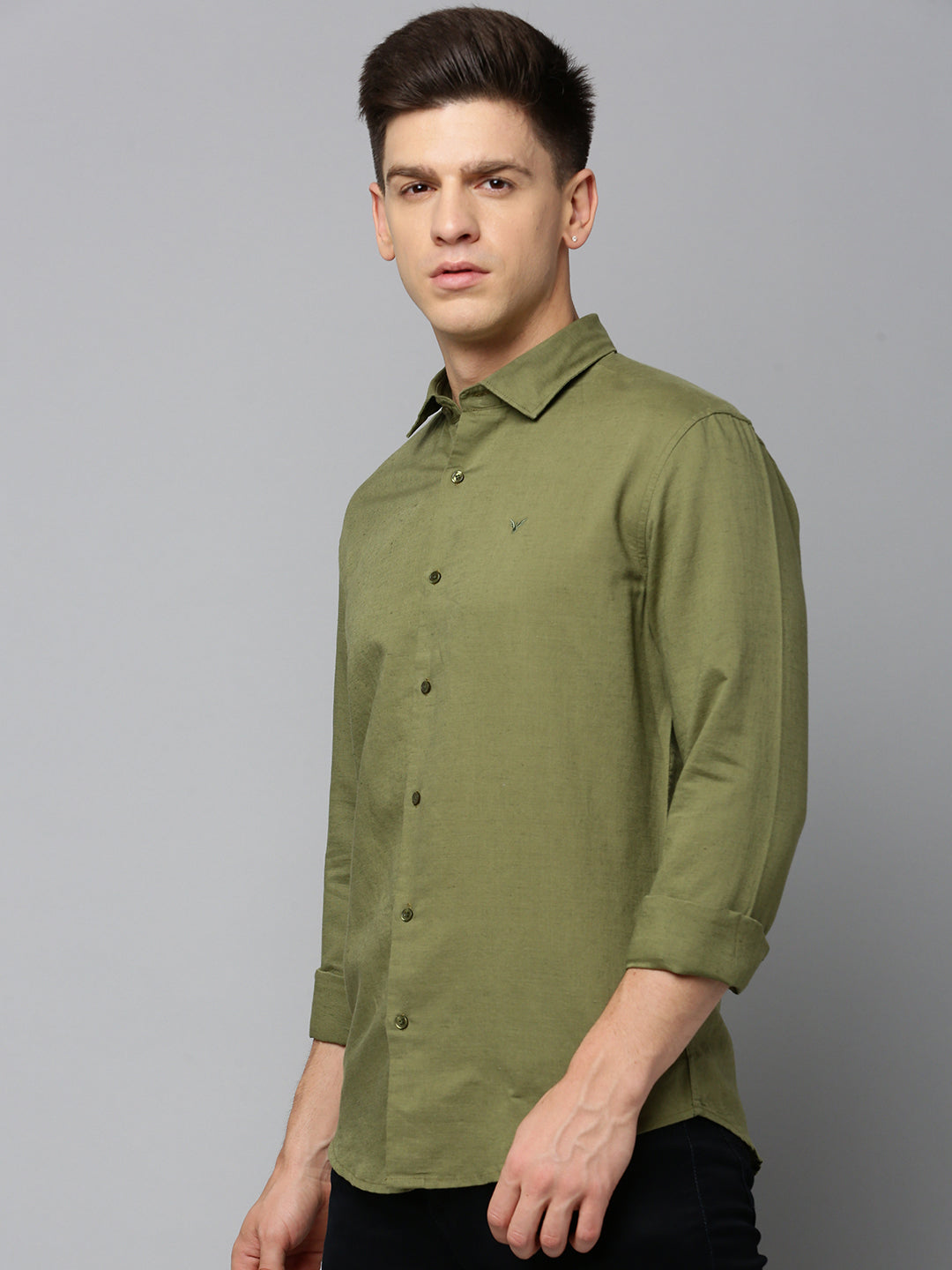 Men Spread Collar Solid Olive Shirt