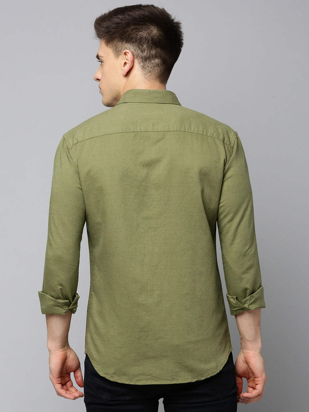 Men Spread Collar Solid Olive Shirt