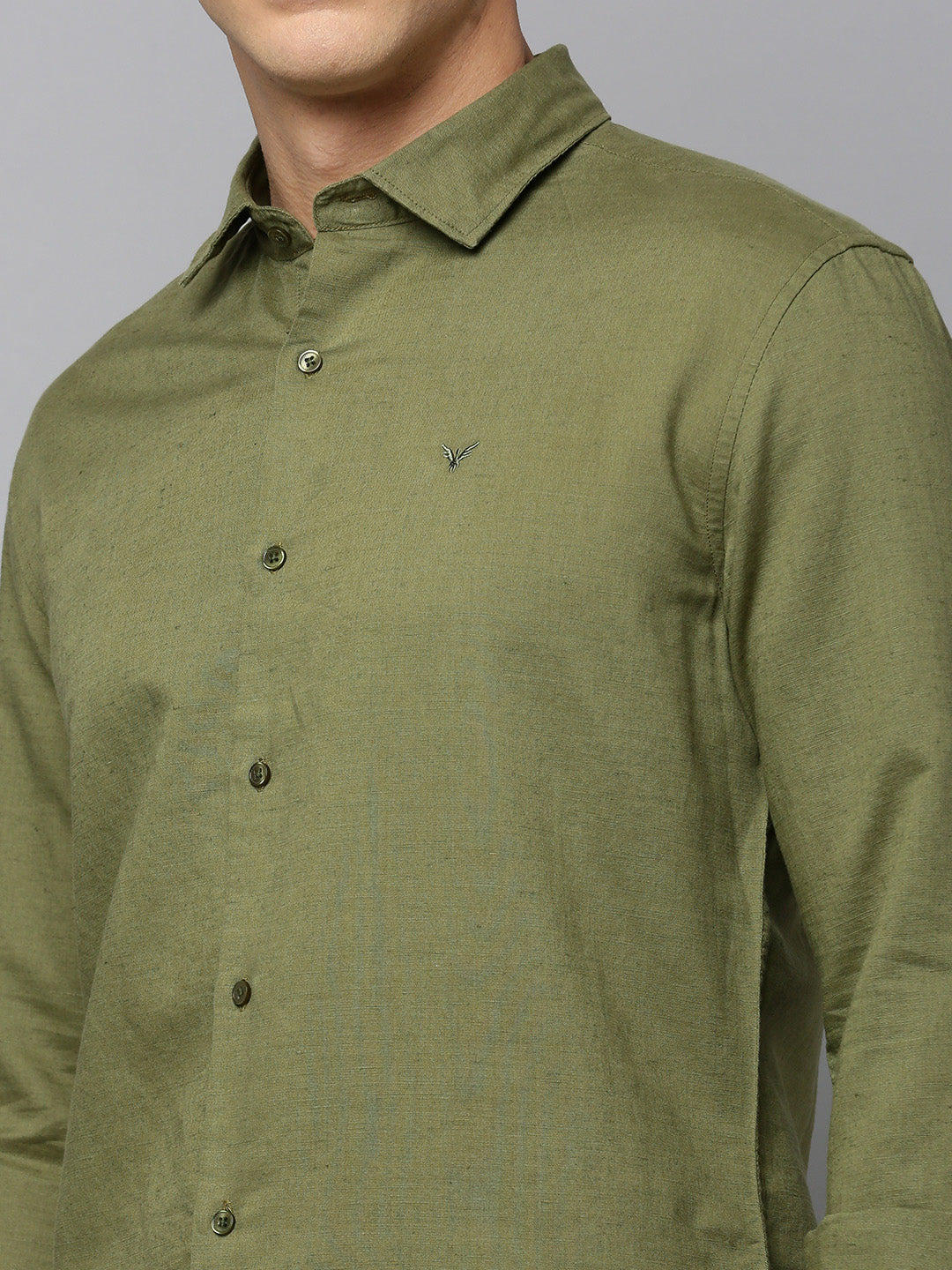 Men Spread Collar Solid Olive Shirt