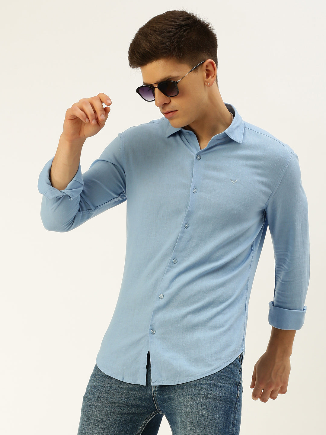 Men Spread Collar Solid Blue Shirt