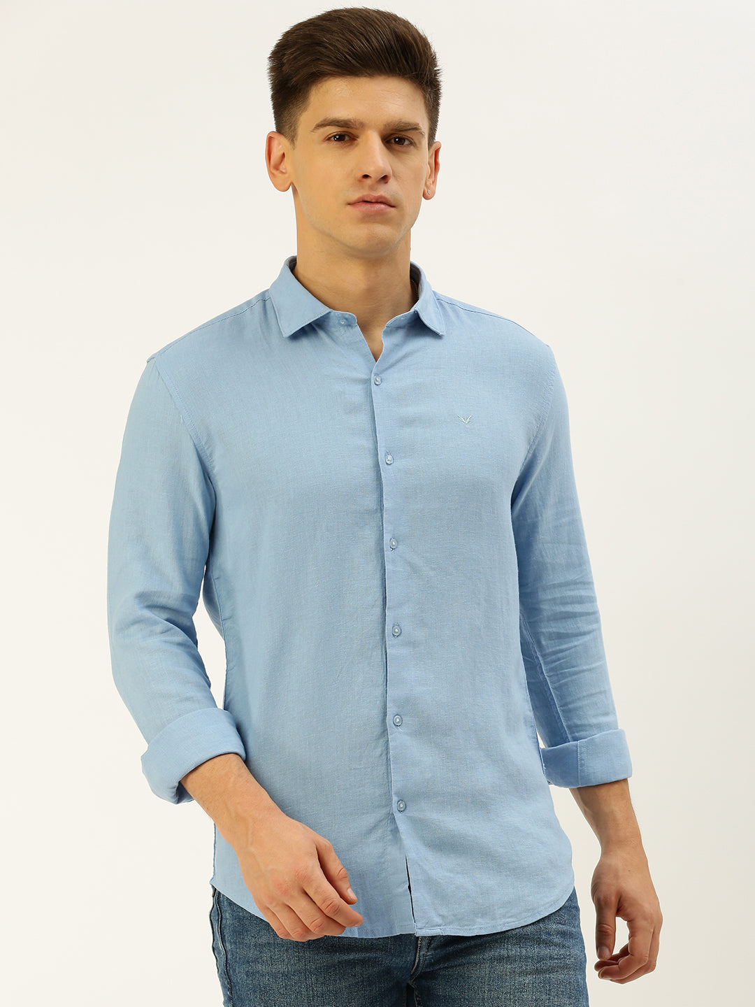 Men Spread Collar Solid Blue Shirt