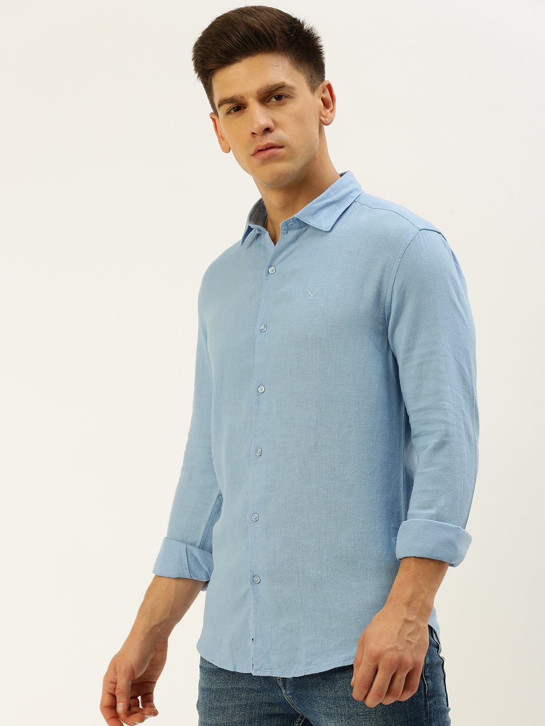 Men Spread Collar Solid Blue Shirt