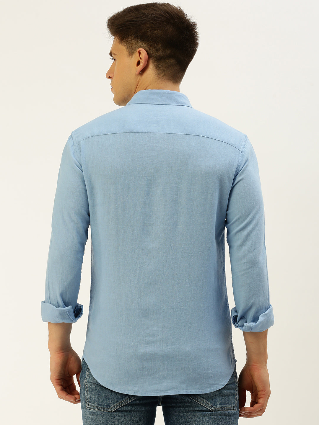 Men Spread Collar Solid Blue Shirt