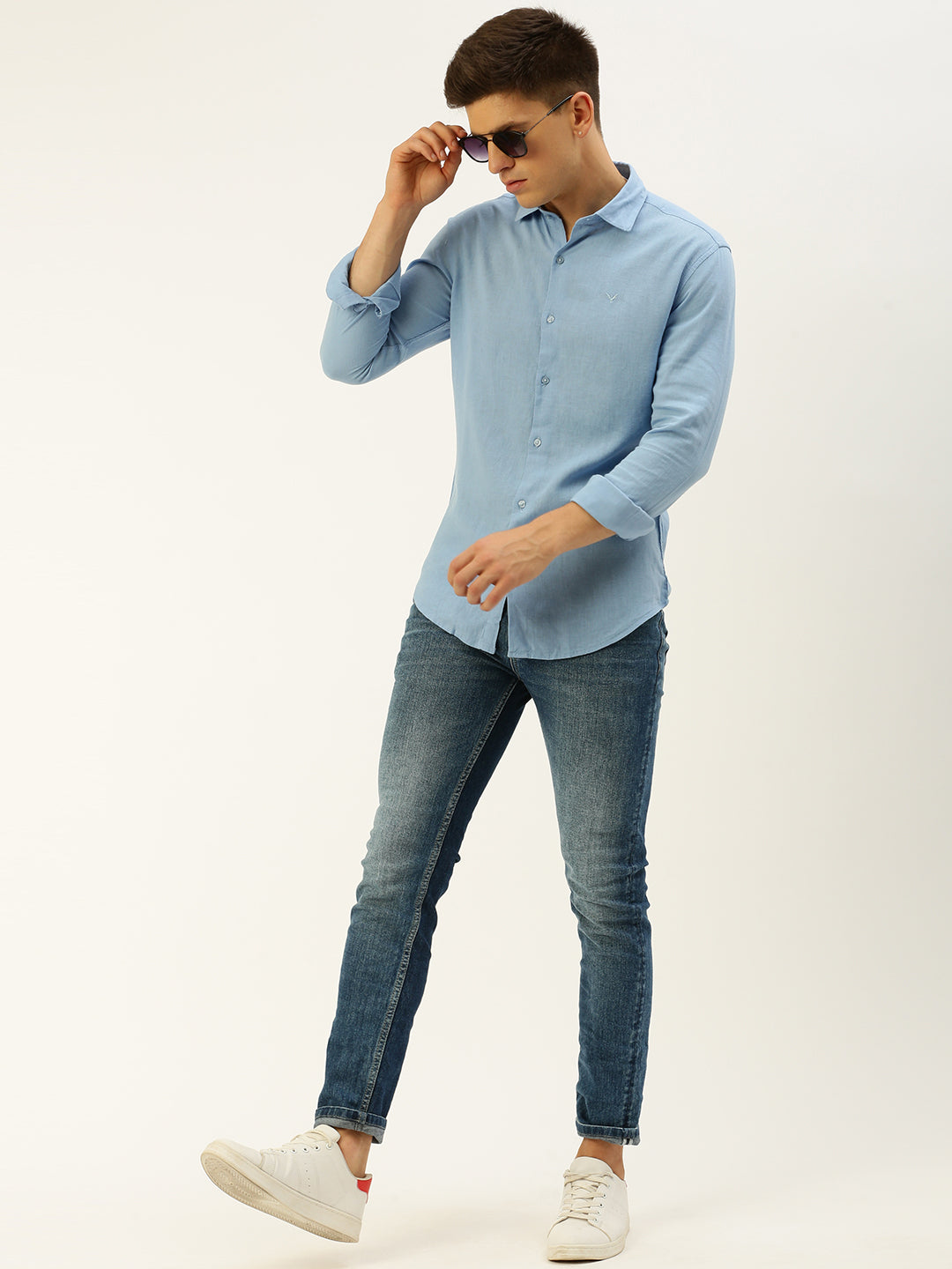 Men Spread Collar Solid Blue Shirt