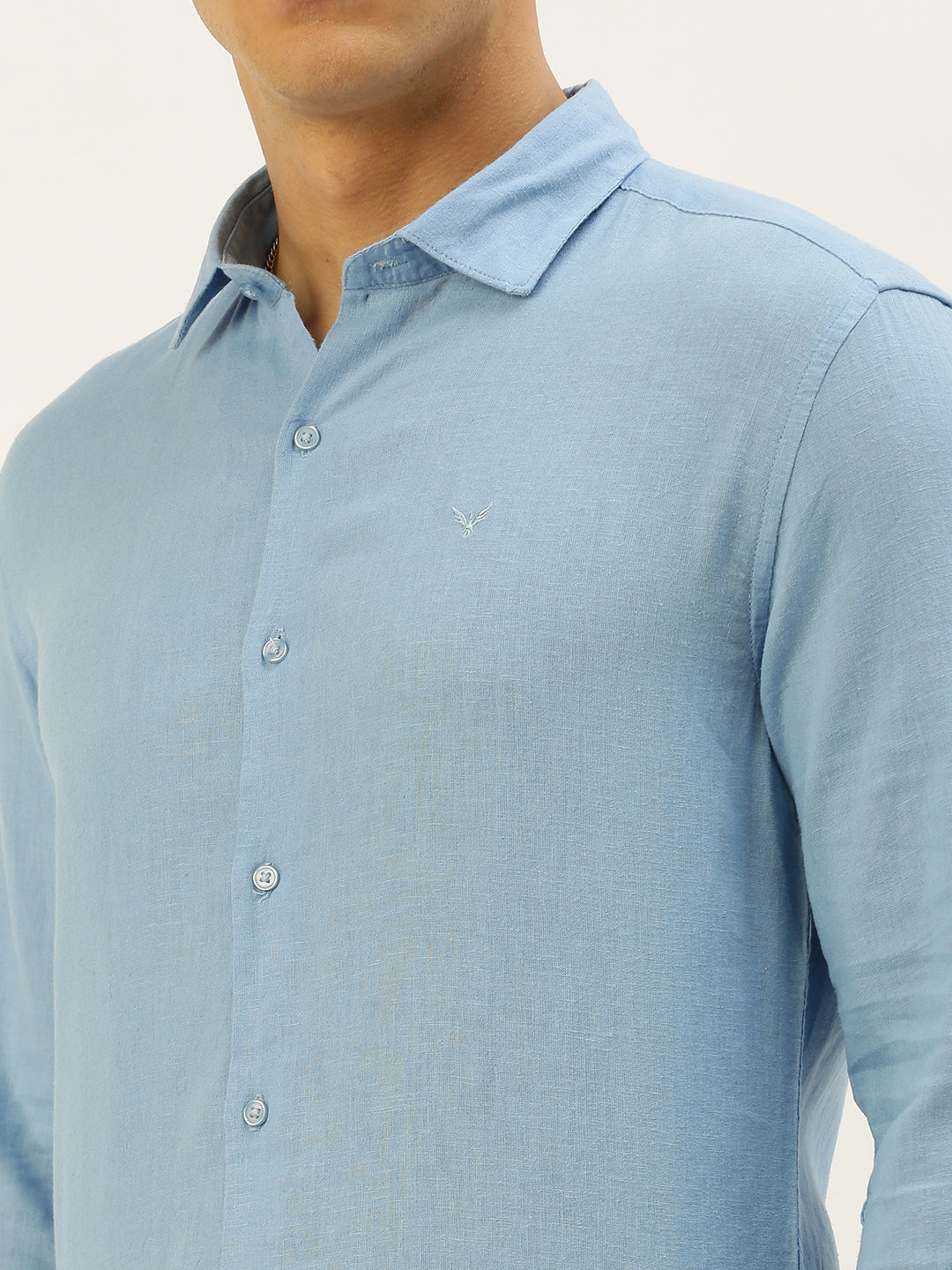 Men Spread Collar Solid Blue Shirt