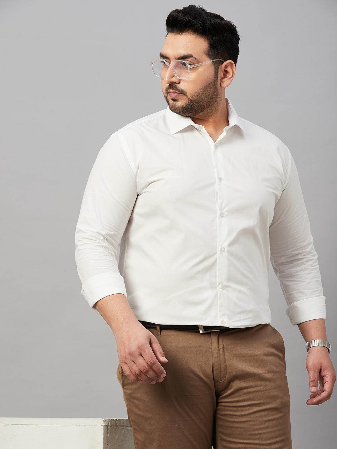 Men Spread Collar Solid White Shirt