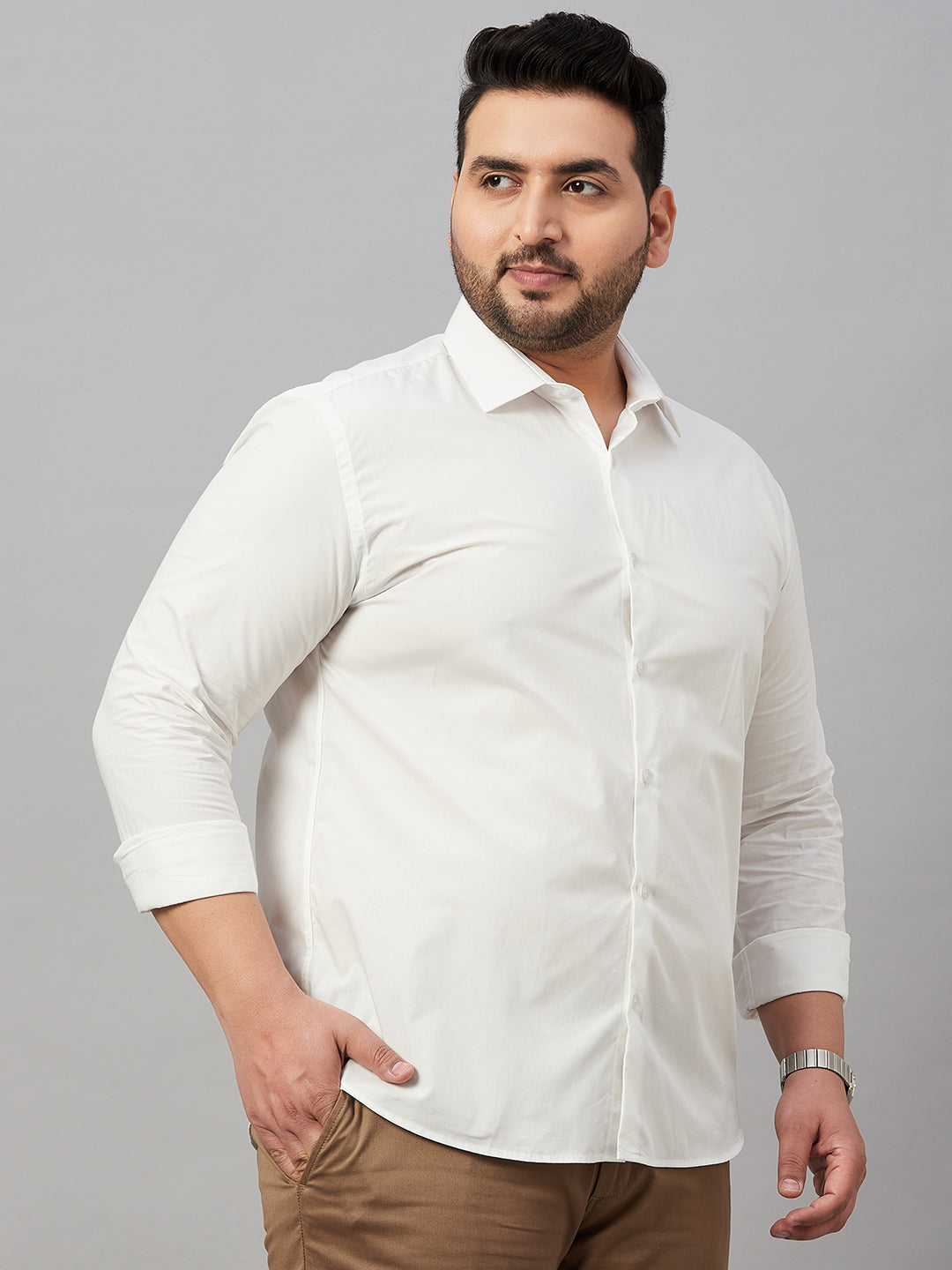 Men Spread Collar Solid White Shirt