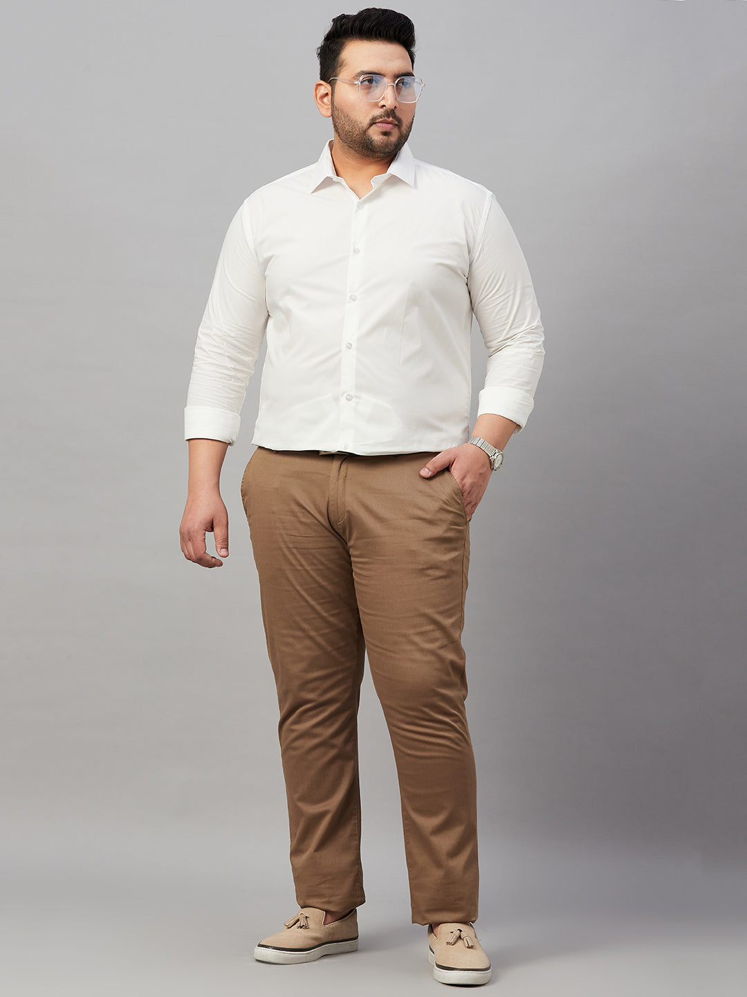 Men Spread Collar Solid White Shirt