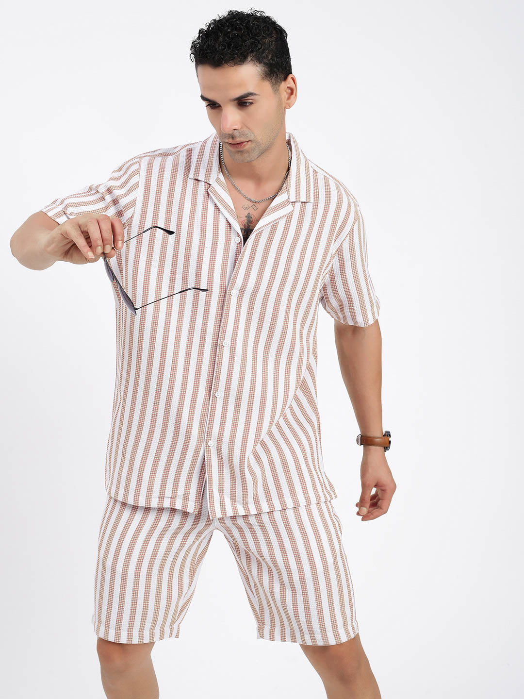 Men's Brown Striped Cuban Collar Relaxed Fit Co-Ords Set
