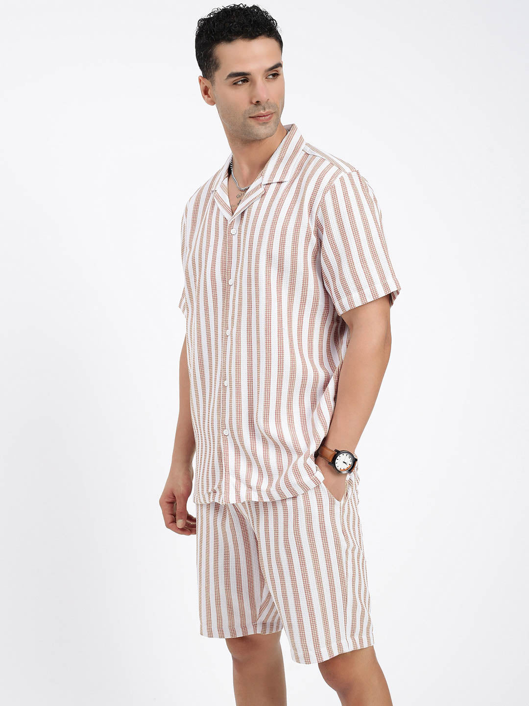 Men's Brown Striped Cuban Collar Relaxed Fit Co-Ords Set