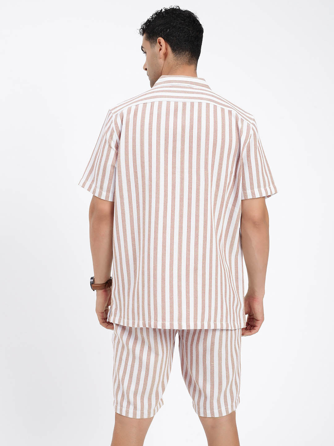 Men's Brown Striped Cuban Collar Relaxed Fit Co-Ords Set